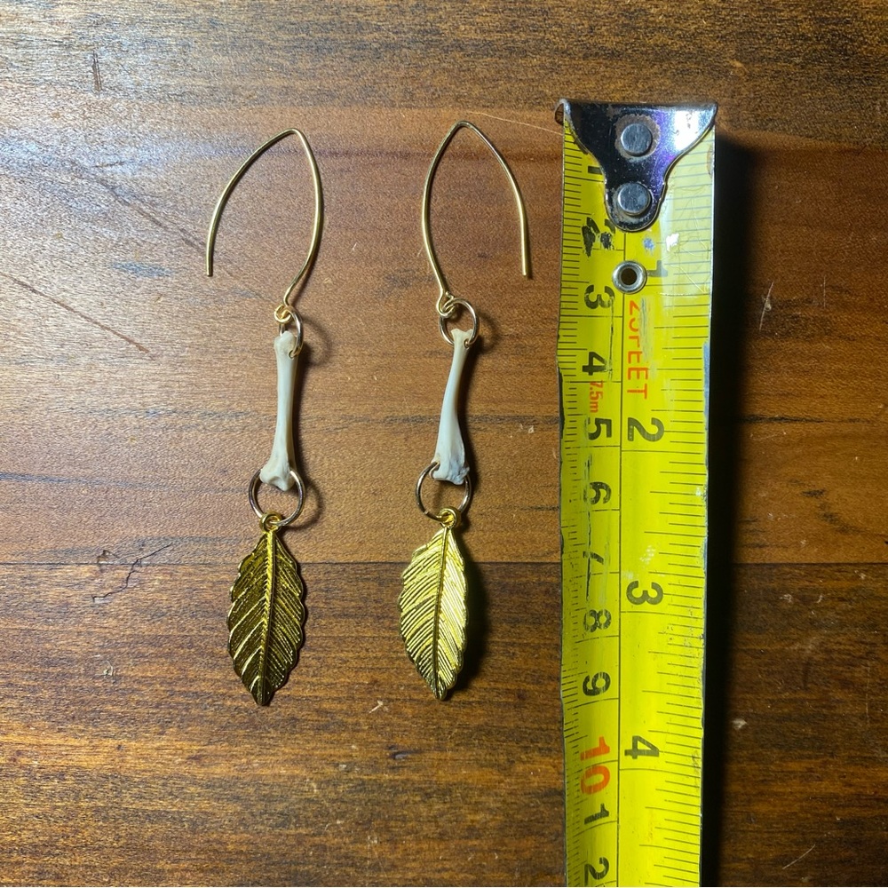 Squirrel Femur Bone Leaf Gold Earrings - Picture 8 of 8